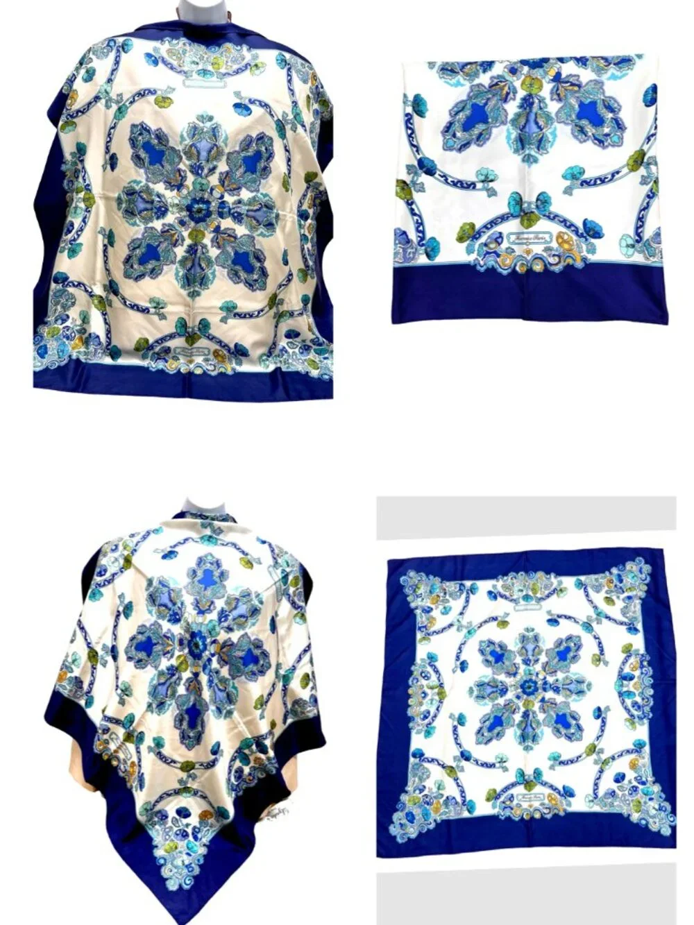 Anémones Hermes Paris  Silk  Scarf  34" Ivery Blue Purple Floral Pattern  (26) - Picture 11 of 16